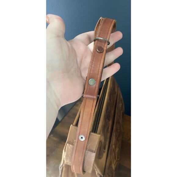 Vtg 70s Purse Leather Hand Tooled Brown Mexican Handbag Roses Floral Embossed - Picture 5 of 12